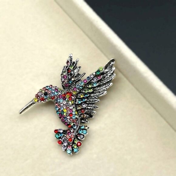 Silver with Multicolored Crystal Flying Hummingbird Pin Back Brooch - Picture 4 of 7